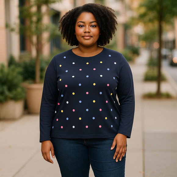 Talbots Plus Multi Color Polka Dot Navy Blue Cotton Blend Sweatshirt Size 2X - Picture 1 of 8